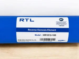 RTL HR1812-100 reverse osmosis element label showing NSF International certification NSF ANSI Standard 58 model number and Ningbo RXHL manufacturer details