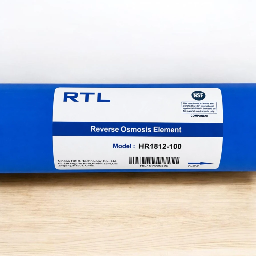 RTL HR1812-100 reverse osmosis element label showing NSF International certification NSF ANSI Standard 58 model number and Ningbo RXHL manufacturer details