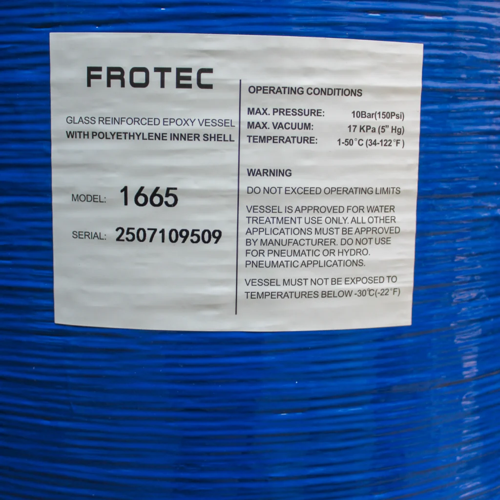 Pressure Vessel 16x65 specification label glass reinforced epoxy polyethylene shell