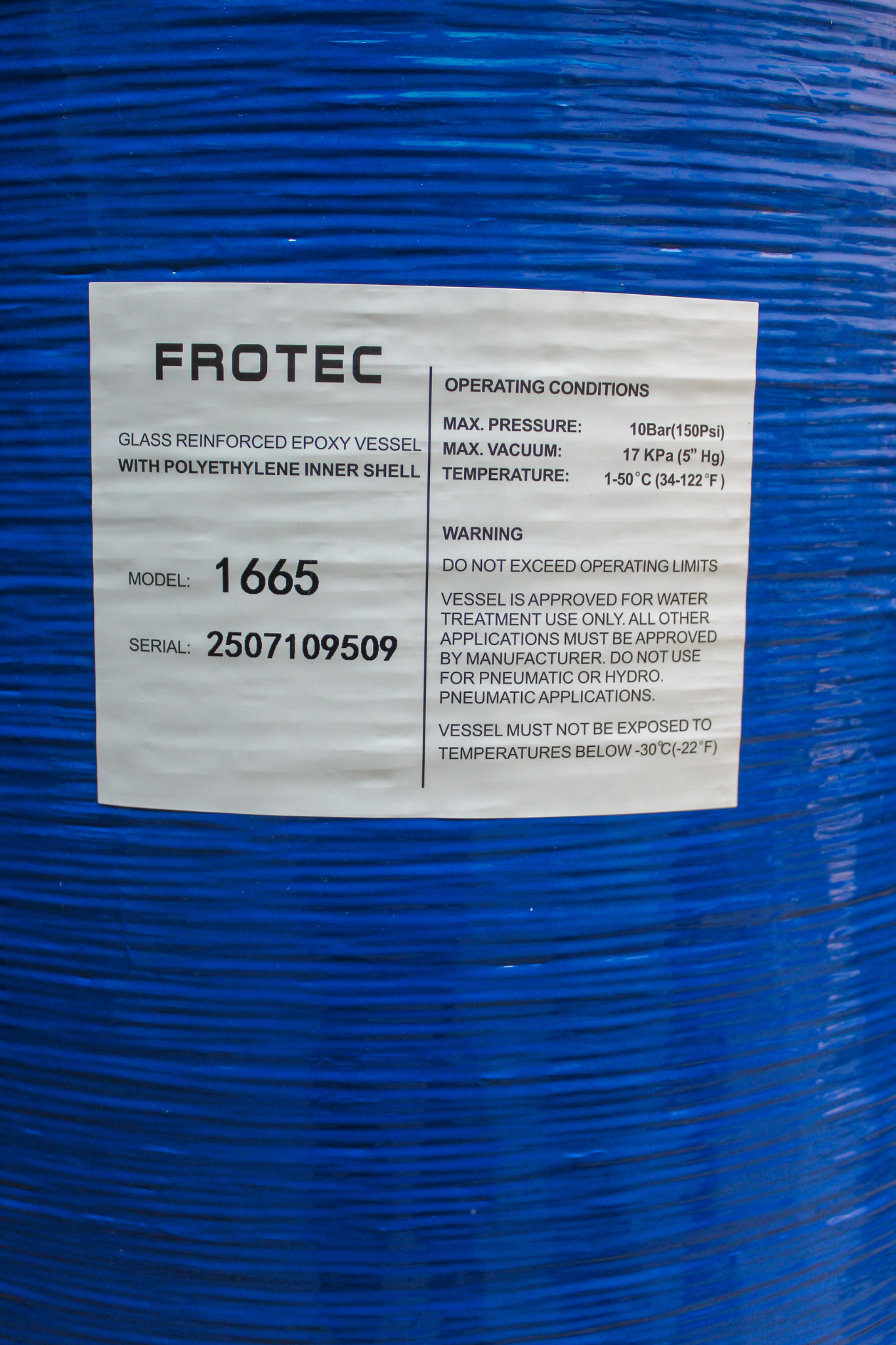 Pressure Vessel 16×65 – Glass Reinforced Epoxy Tank for Sand, Carbon, Arsenic & Softener Media