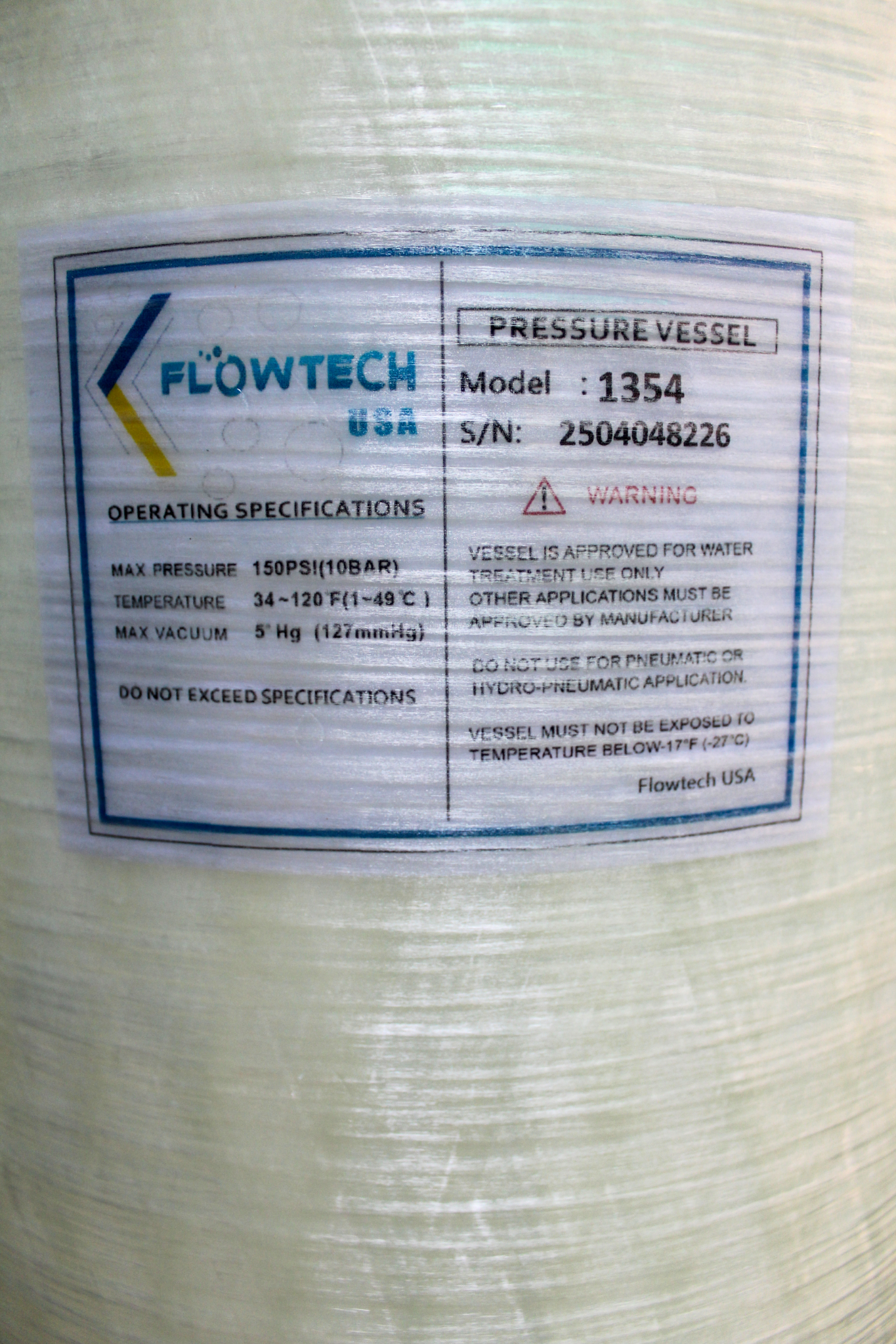 Pressure Vessel 13×54 – FRP Tank for Sand, Carbon, Arsenic & Softener Media