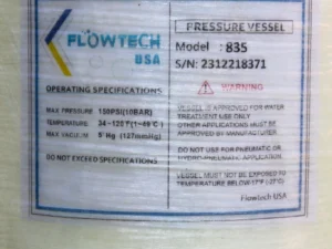 Pressure Vessel 8x35 specification label operating pressure 150 PSI