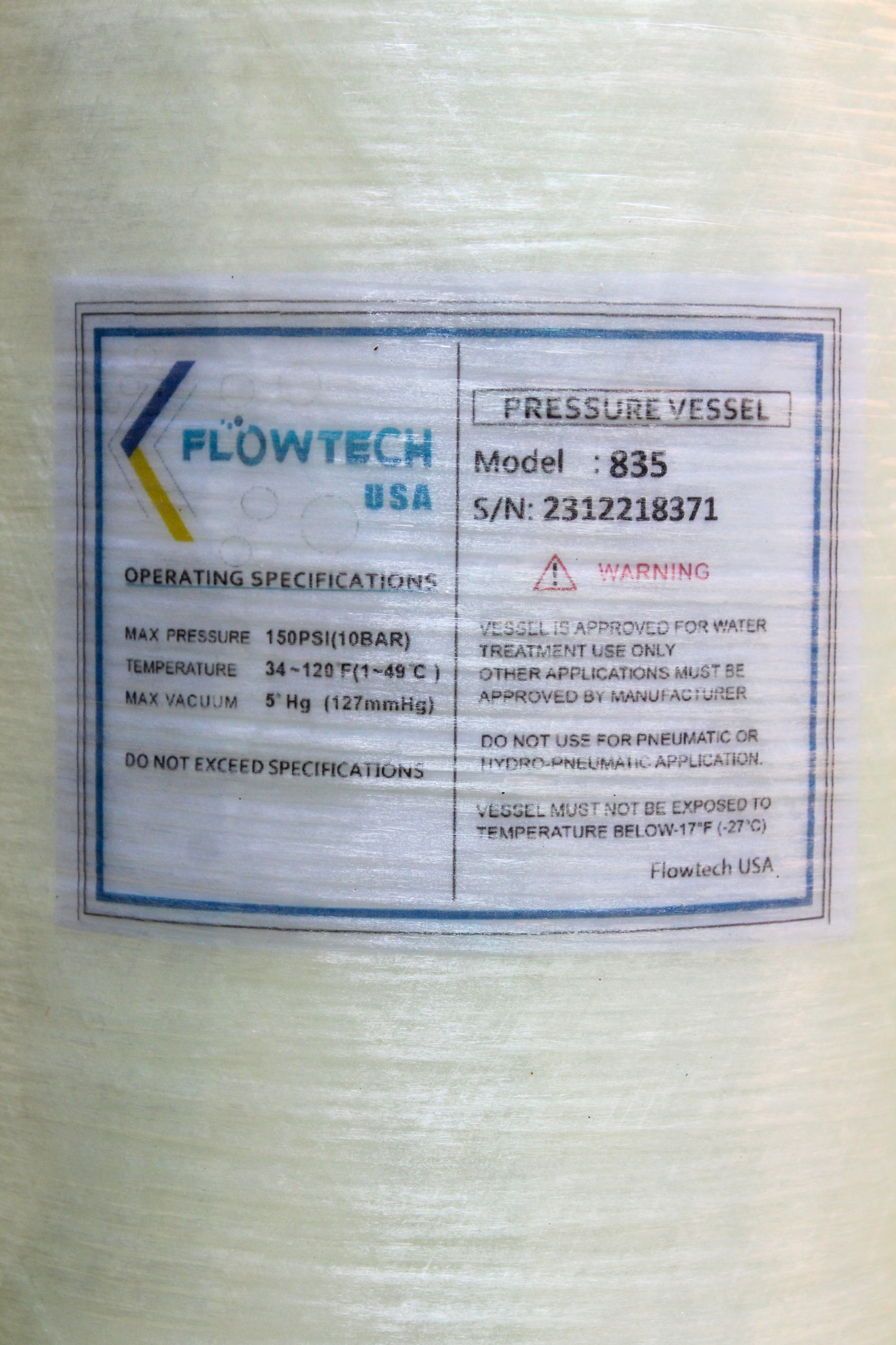 Pressure Vessel 8×35 – FRP Tank for Sand, Carbon, Arsenic & Softener Media
