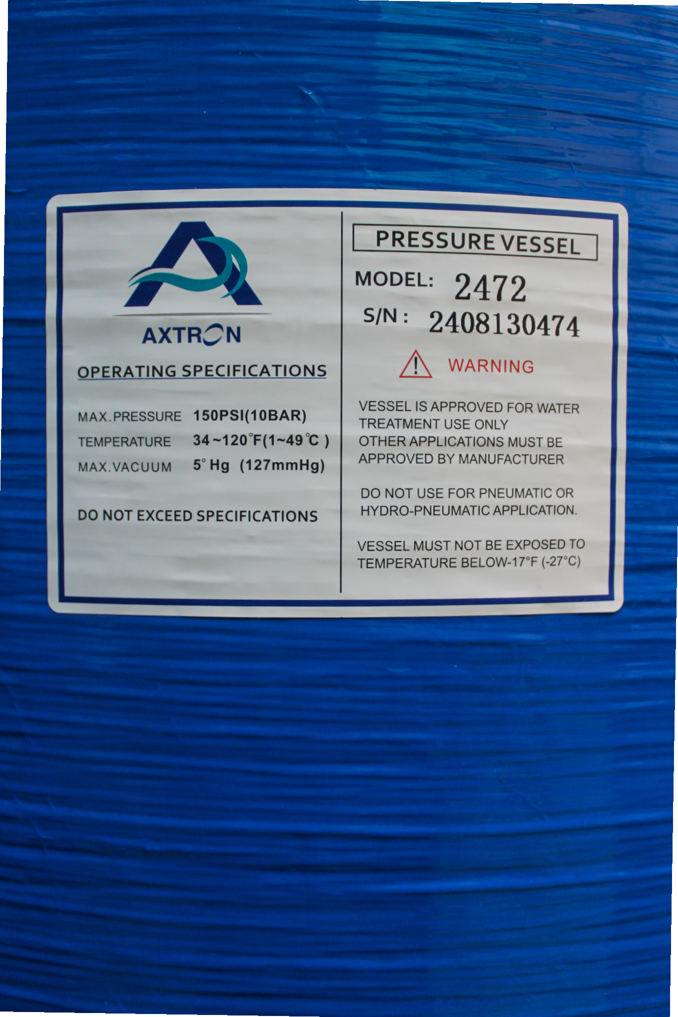 Pressure Vessel 24×72 – Large Capacity FRP Tank for Sand, Carbon, Arsenic & Softener Media