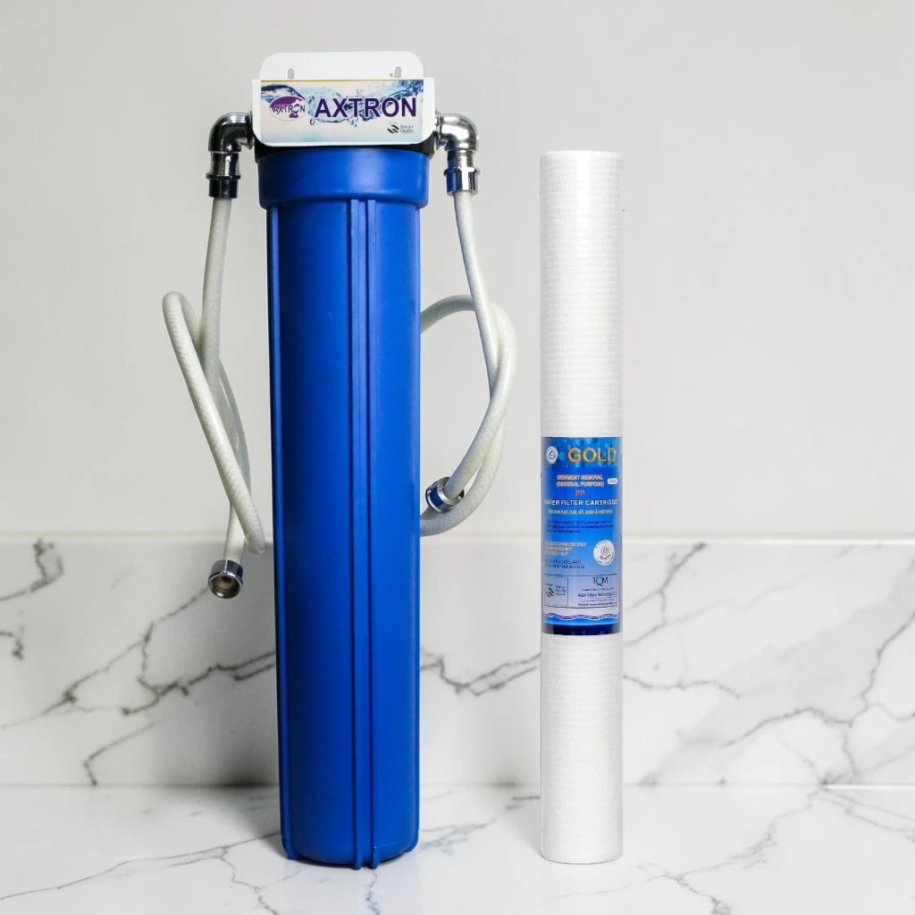 Axtron single stage semi commercial slim water filter blue with cartridge and hoses
